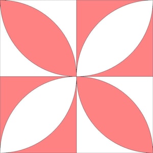 May include: A square geometric design with four petal-like shapes in coral and white. The shapes are outlined in black, creating a symmetrical, abstract pattern. Suitable for fabric or wallpaper, the design is visually striking.