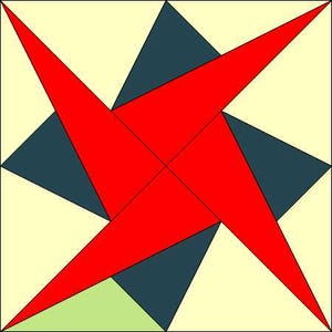 Könnte beinhalten: Geometrisches Design mit einem roten Sternmuster über dunkelblauen Dreiecken, vor einem hellgelben Hintergrund. Das Design wird von einem dünnen schwarzen Rahmen eingefasst, wodurch ein auffälliger Kontrast entsteht.