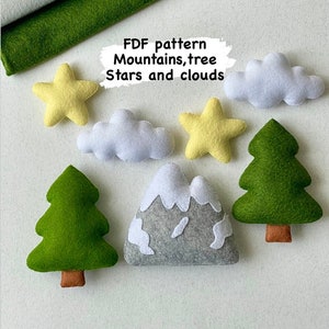 Felt mountains and forest PDF file sewing templates, woodland nursery DIY garland, tree clouds stars room decor, felt ornaments, kids crafts