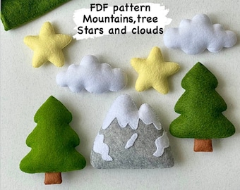 Felt mountains and forest PDF file sewing templates, woodland nursery DIY garland, tree clouds stars room decor, felt ornaments, kids crafts
