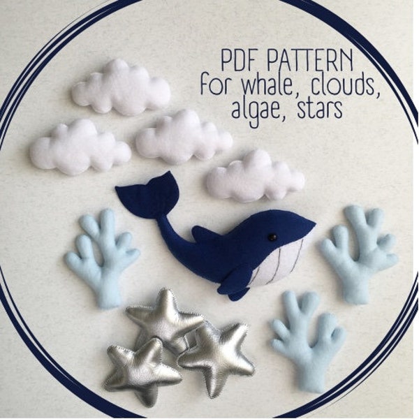 whale felt pattern pdf, Baby mobile Ocean sewing Pattern diy felt craftWhale,Stars,clouds,algae felt ornaments PDF SVG |under the sea mobile