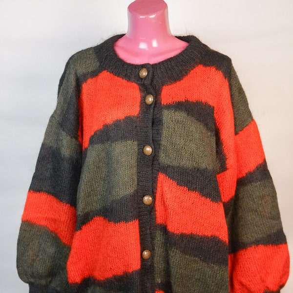 Pullover: Multicolor Red & Green 100% Maher Wool Long Pullover