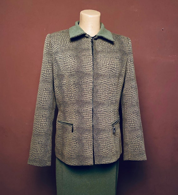 Suit: Snake textile suit, 90s suit, green skirt, a