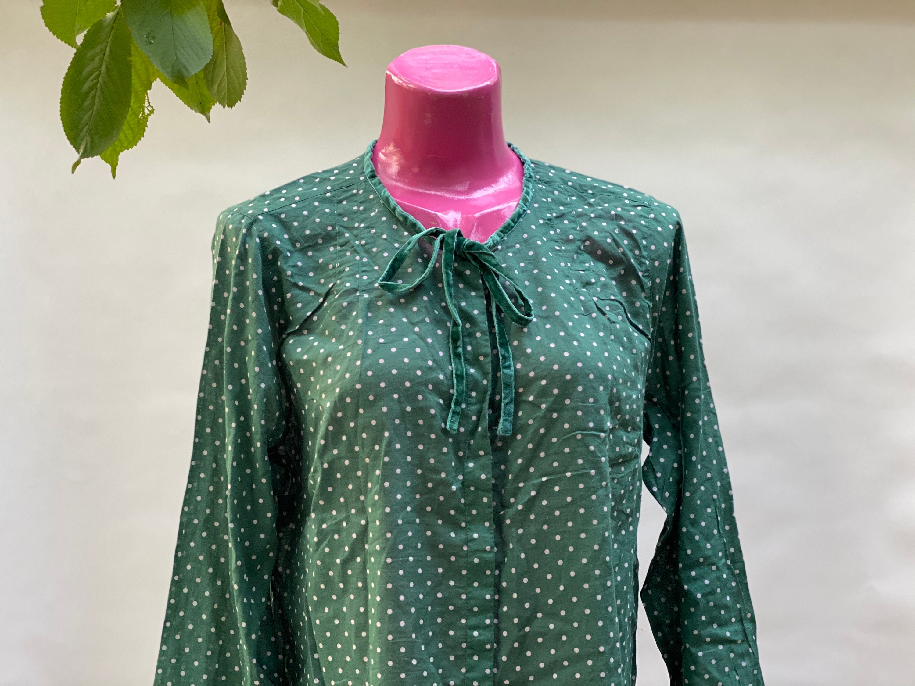 Vintage green polka dot blouse size L | Etsy