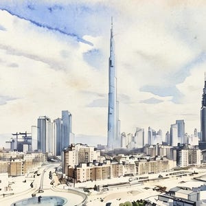Set of 5, Dubai , Burj Khalifa, Paris, Eiffel Tower, Dubai panoramic  ,Sagrada Family , instant downloadable, Travel Print, Mostar bridge