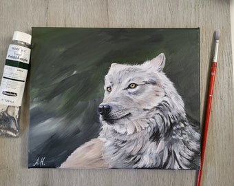 Loup blanc - peinture acrylique originale sur toile 25x30cm