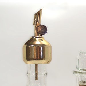 Vintage Liquor Bottle Pourers, Kipp Chicago, Gold Aluminum, Set of 11 with Corks