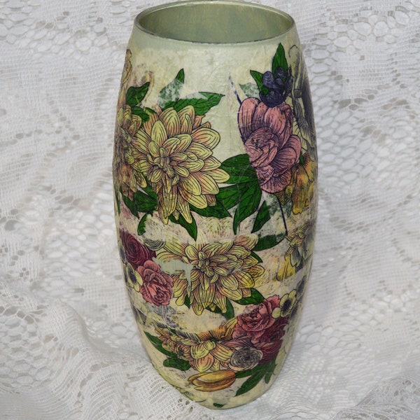 Floral Glass Vase, Decoupaged