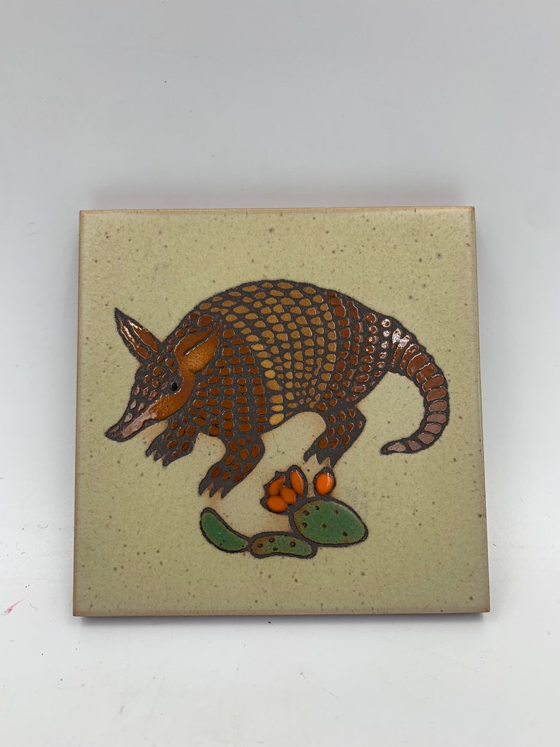 Cleo Teissedre Art Tile Coasters Set Of Four Armadillo And Cactus Design image 8