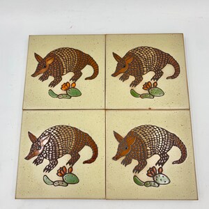 Cleo Teissedre Art Tile Coasters Set Of Four Armadillo And Cactus Design image 9