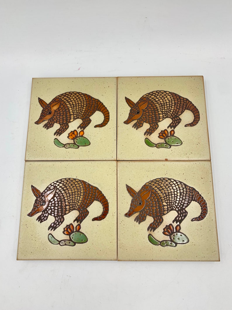 Cleo Teissedre Art Tile Coasters Set Of Four Armadillo And Cactus Design image 9