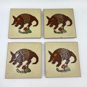 Cleo Teissedre Art Tile Coasters Set Of Four Armadillo And Cactus Design image 1