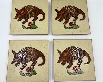 Cleo Teissedre Art Tile Coasters Set Of Four Armadillo And Cactus Design