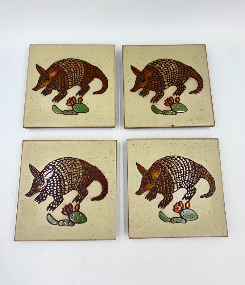 Cleo Teissedre Art Tile Coasters Set Of Four Armadillo And Cactus Design image 1