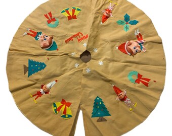 Vintage *Seltener* Gold Filz 3D Kitschiger Elfen Weihnachtsbaum Rock 1950’s Japan 94cm