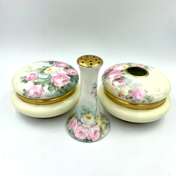 Limoge France 3 Piece Dresser Set Hair Receiver Powder Dish Hat Pin Holder