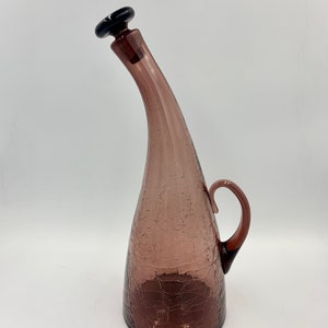 Blenko 948 Decanter Bent Neck Crackle Glass Amethyst With Original Stopper