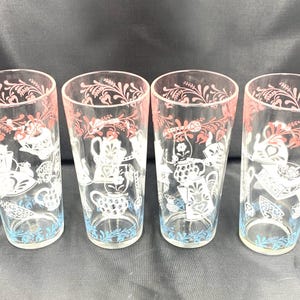 "4er Set Hazel Atlas ""Kitchen Aides"" Bechergläser Rosa Weiß Blau."
