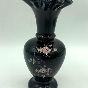 Fenton Black Glass With Roses Crimped Top Vase Hand Painted Signed By Artist