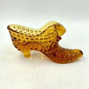 Fenton Amber Glass Hobnail Cat Head Slipper Shoe