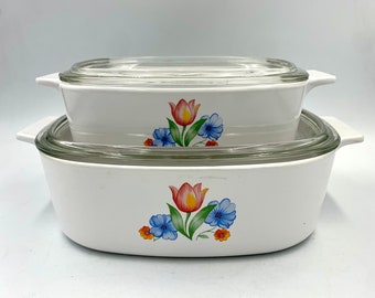 Set Of Two Corning Ware Fresh Cut Tulip Casserole Dishes 1 And 2 Quart