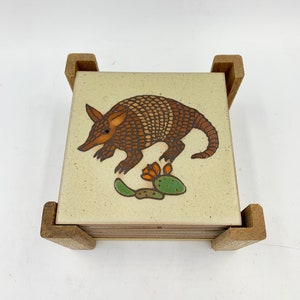 Cleo Teissedre Art Tile Coasters Set Of Four Armadillo And Cactus Design image 2