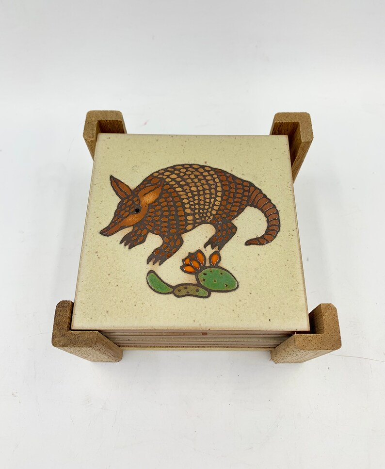 Cleo Teissedre Art Tile Coasters Set Of Four Armadillo And Cactus Design image 2