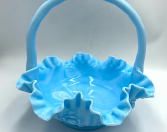 Fenton Blue And White Slag Glass Cabbage Rose Ruffled Edge Basket