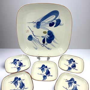Japanese Ono Porcelain Double Crane Platter With 5 Smaller Plates Hand Painted