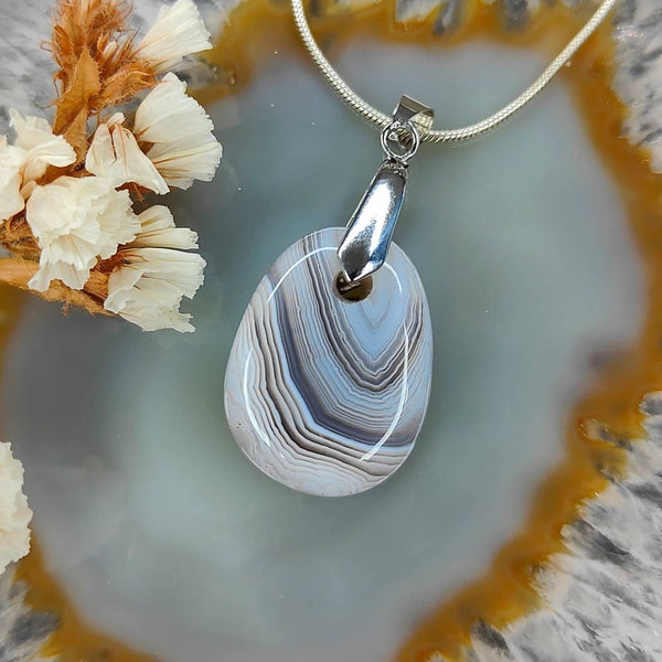 Pendentif Agate Naturelle du Botswana Plaqué Argent