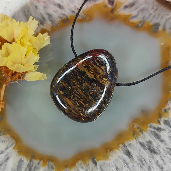 Natural Bronzite Pendant with Black Cord