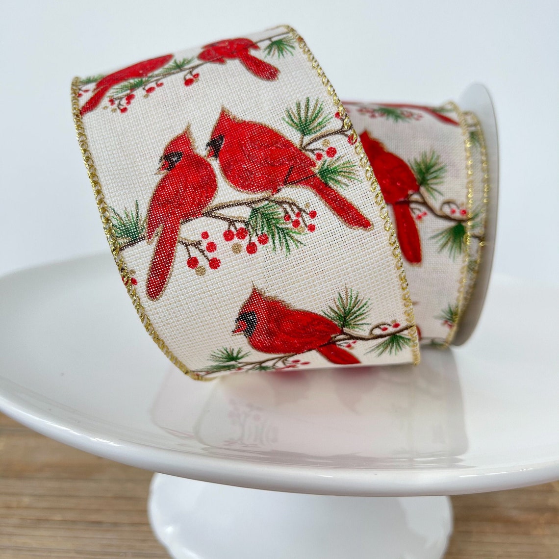 Premium Wired Ribbon Cardinal Christmas Ribbon with Gold Etsy
