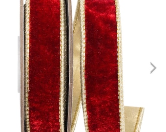 1” Red Plush & Gold Velvet Wired Ribbon- 5 yards