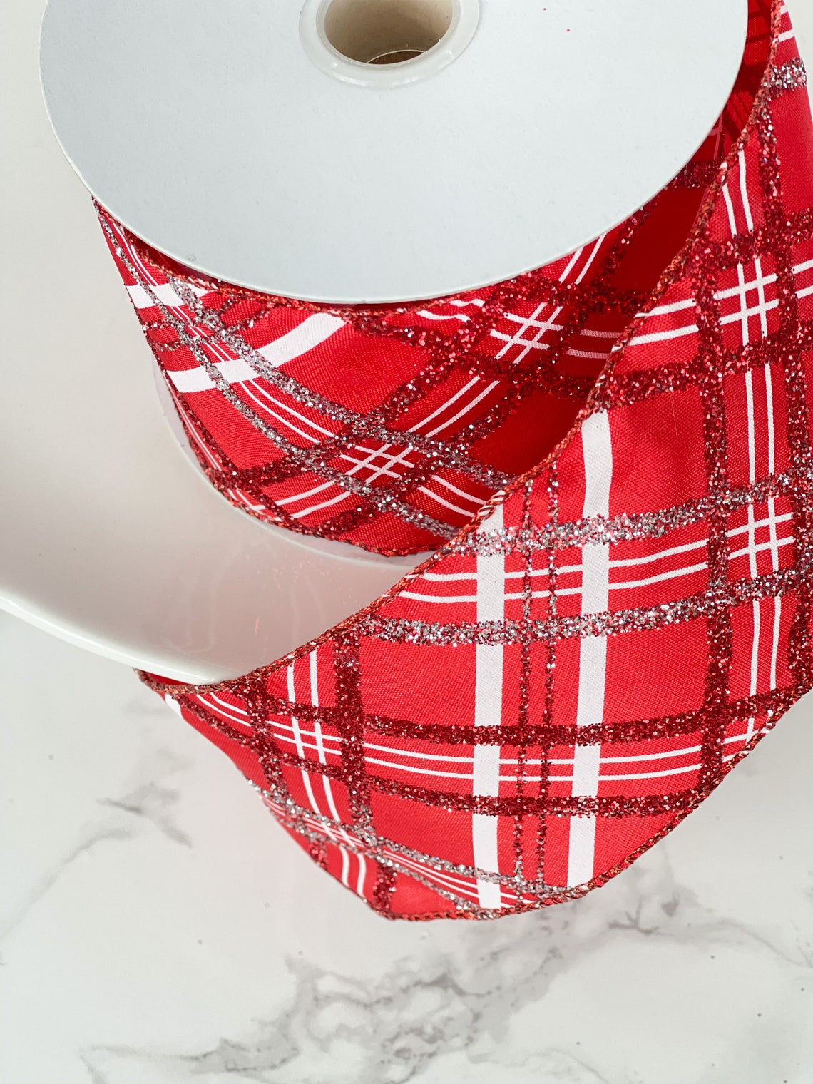 Premium Red & White Stripe Glitter Ribbon Wired Ribbon | Etsy