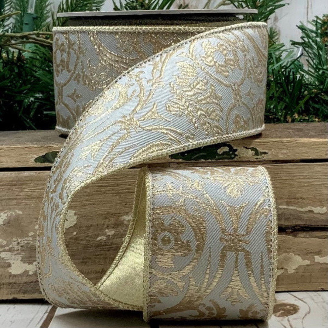 2.5 Jacquard Floral Wired Ribbon, Light Blue & Gold, D. Stevens Fine