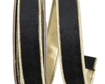 1” Black Velvet Wired Ribbon with Gold edge and  Dupioni backing- 5 yards
