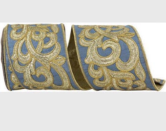 4” French Blue Scroll Embroidery Metallic Dupioni Backed Wired Edge - 5 yards