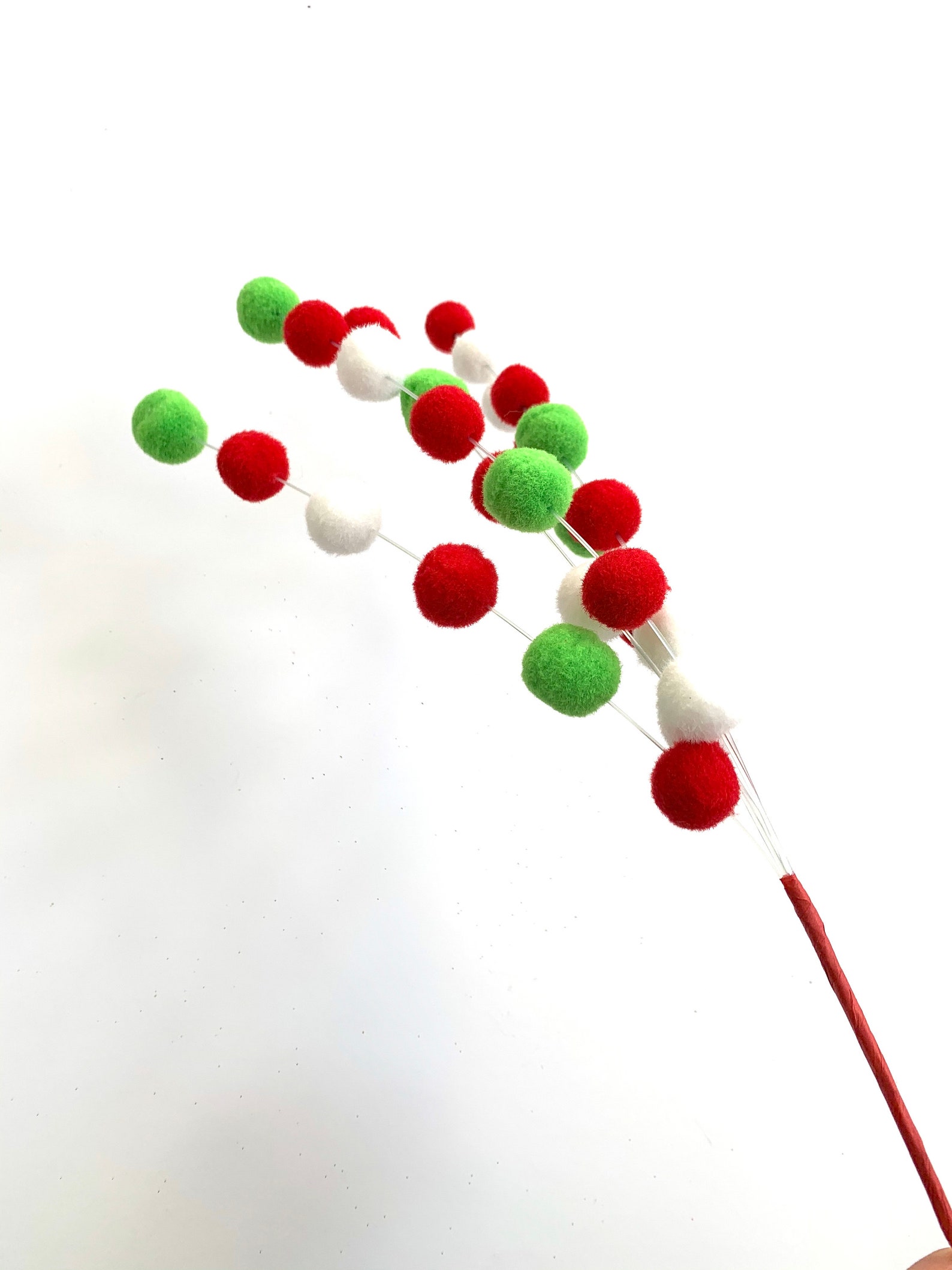 Red Green and White Pompom Pick Christmas Tree Pick Floral Etsy