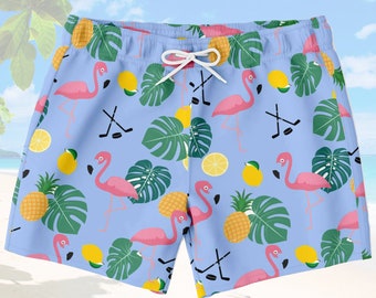 Hockey Swim Trunks, Swimwear, Adult Swim Shorts, Kids Swim Shorts, Beach Wear, Pool Gear, Flamingo, Tropical, Summer Fun