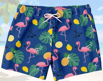 Hockey Swim Trunks, Swimwear, Adult Swim Shorts, Kids Swim Shorts, Beach Wear, Pool Gear, Flamingo, Tropical, Summer Fun