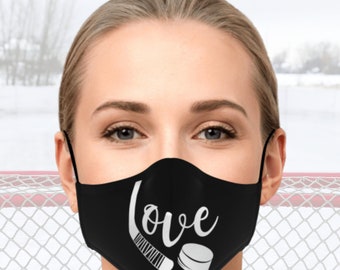Hockey Love Face Mask con bolsillo de filtro, máscara facial lavable negra, reutilizable, máscara facial para adultos, máscara facial para niños, alambre de nariz, ventilador de hockey