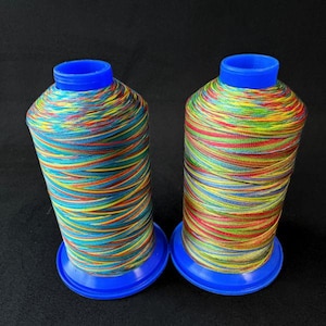 Può includere: Due rocchetti di filo multicolore, con un vivace mix di rosso, giallo, verde e blu. Il filo è avvolto attorno a un'anima cilindrica con base e parte superiore blu. Lo sfondo è nero.