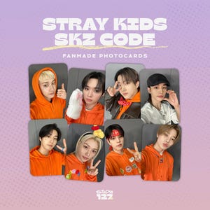 May include: A collection of eight fanmade Stray Kids SKZ Code photocards featuring individual portraits of the group members. The cards display various poses and outfits, including orange hoodies, against a light purple background with text.