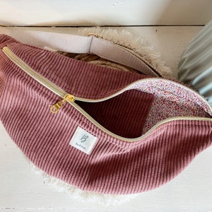 Sac Banane Velours côtelé couleur vieux rose, sangle réglable coton lurex, cadeau femme image 1