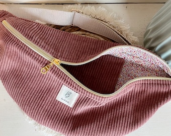 Sac Banane Velours côtelé couleur vieux rose, sangle réglable coton lurex, cadeau femme