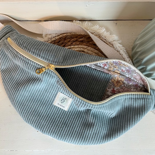 Sac Banane Velours côtelé couleur bleu clair, sangle réglable coton lurex, cadeau femme