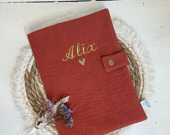 Personalized health book cover “fabrics of your choice” embroidery first name and minimalist heart