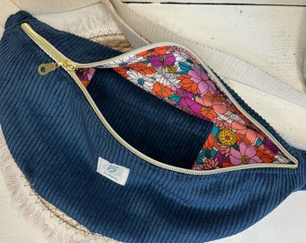 Sac Banane Velours côtelé couleur Bleu marine sangle réglable coton lurex, sacoche