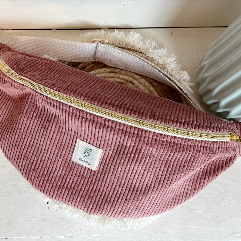 Sac Banane Velours côtelé couleur vieux rose, sangle réglable coton lurex, cadeau femme image 3