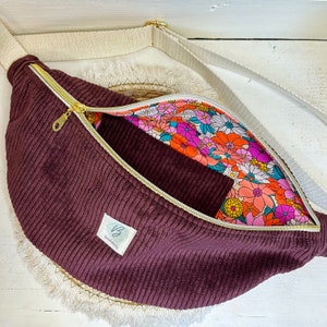 Sac Banane Velours côtelé couleur Prune sangle réglable coton lurex, sacoche
